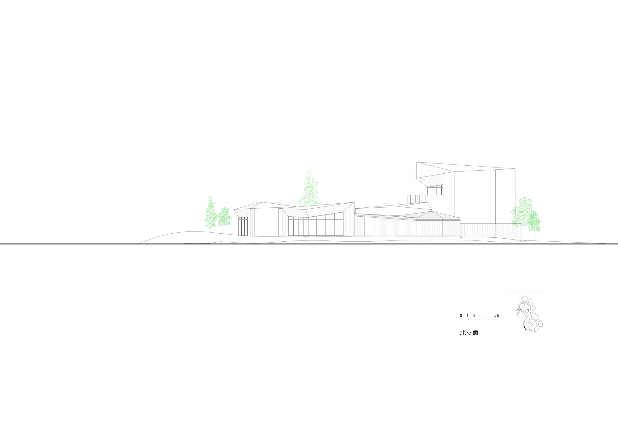 Elevation drawing depicting low horizontal volumes with flat and pitched roofs alongside vegetation