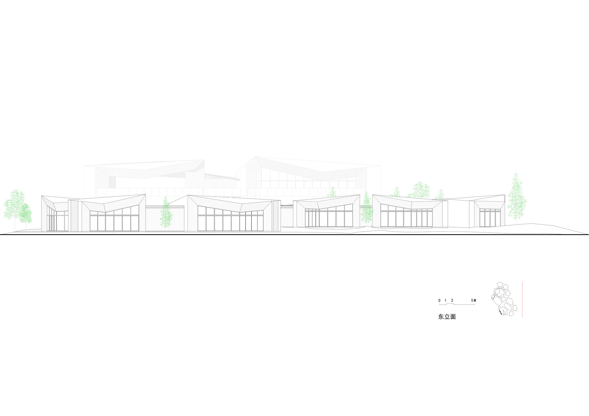 Elevation drawing showing a sequence of connected pavilions with varied roof forms and trees