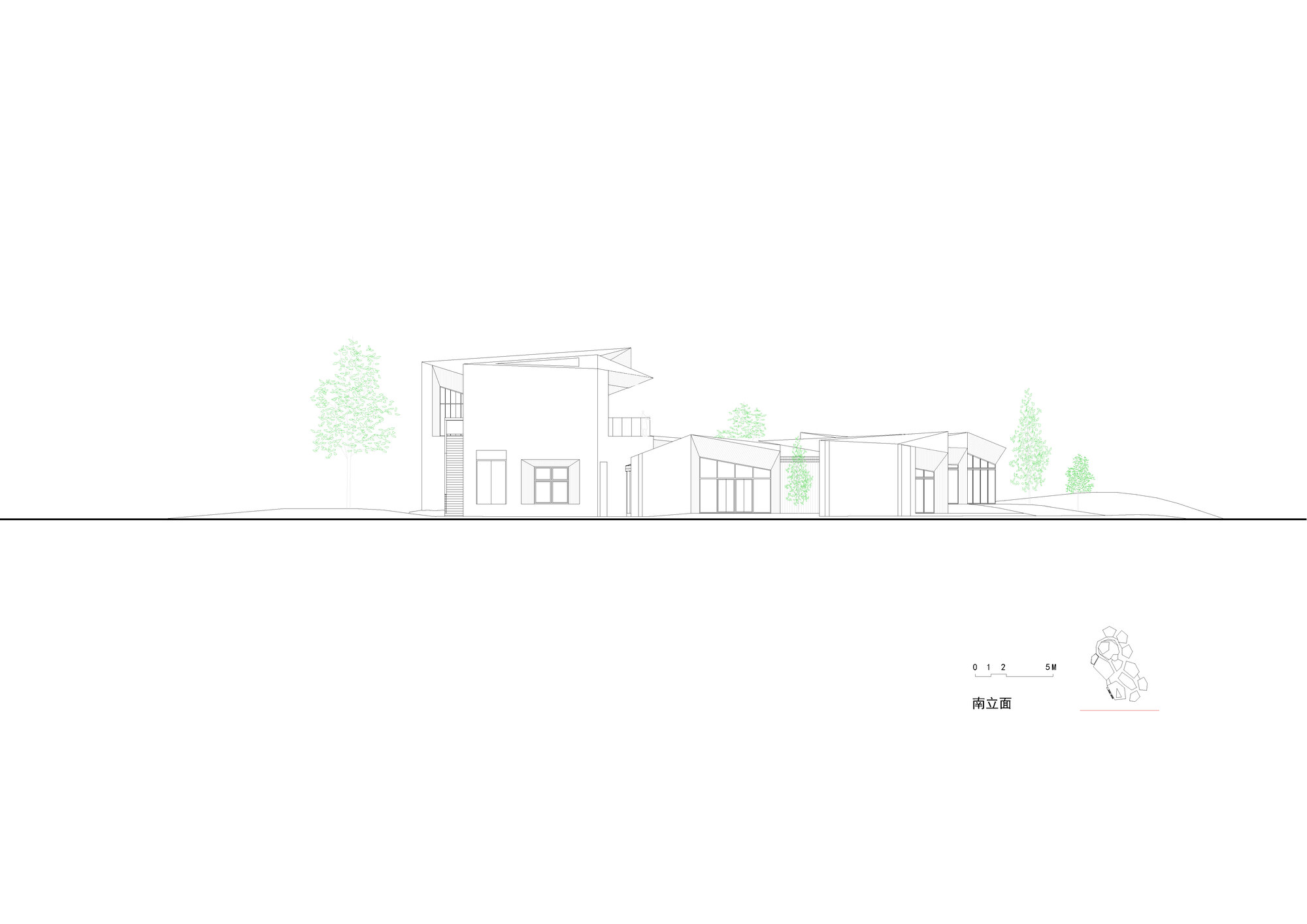 Elevation drawing illustrating clustered volumes with overhanging roofs and scattered trees
