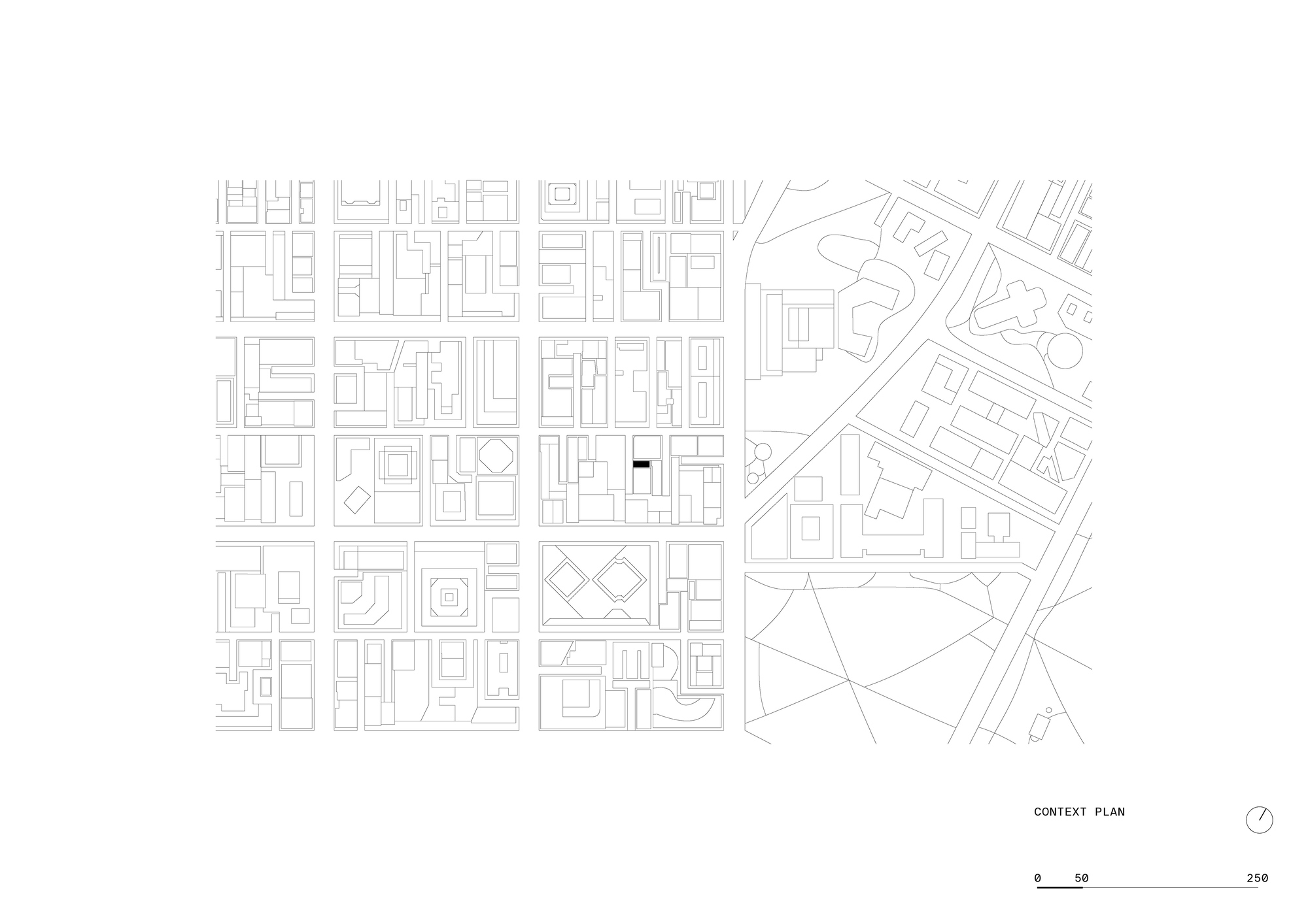 Context plan drawing showing an urban block with the project site marked centrally