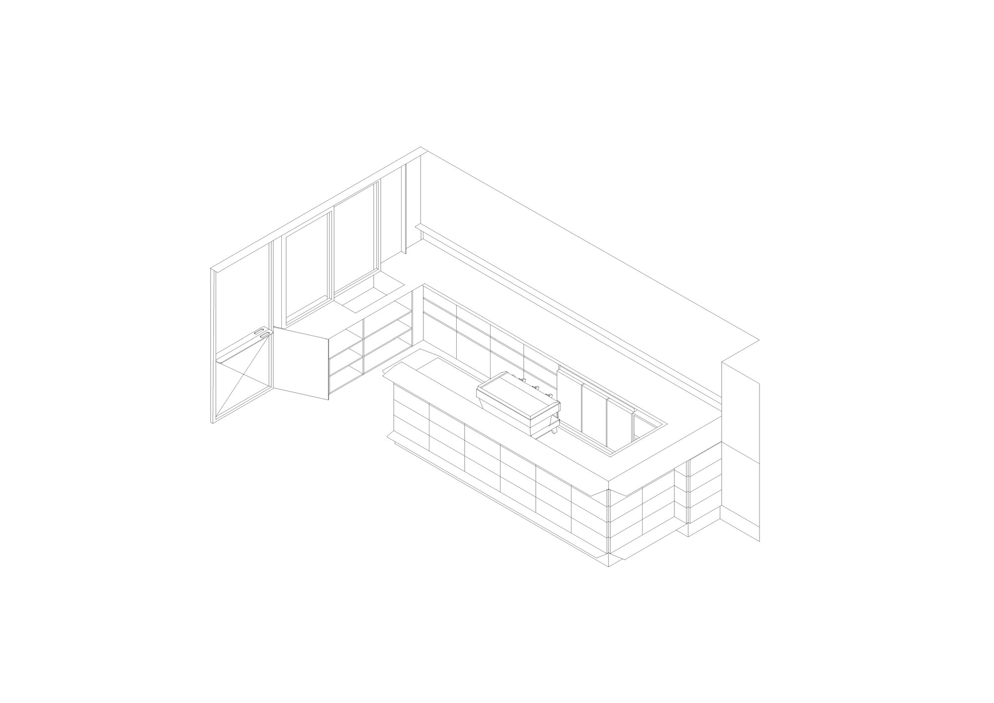 Axonometric drawing of a compact interior with built-in kitchen cabinetry and glazed wall