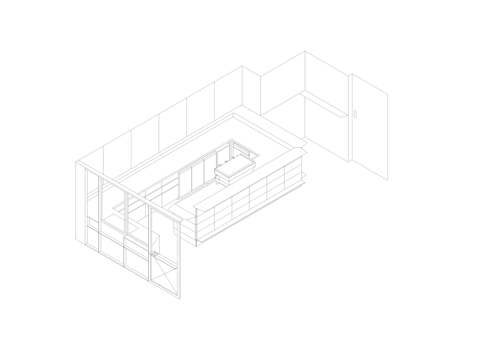 Axonometric drawing showing the interior layout with sliding glass doors and continuous counter