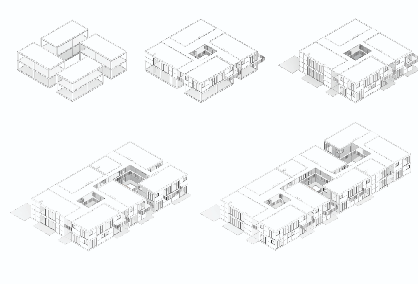 Axonometric study showing how Reborn’s residential modules can expand, connect, and adapt to different urban conditions.