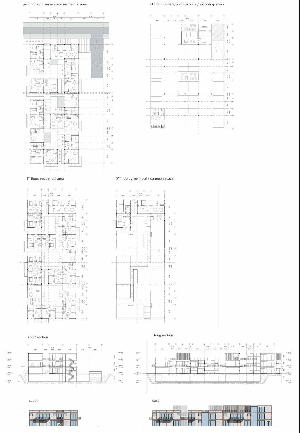 Technical drawings showing Reborn’s floor plans, sections, and elevations for a flexible residential and service housing unit.