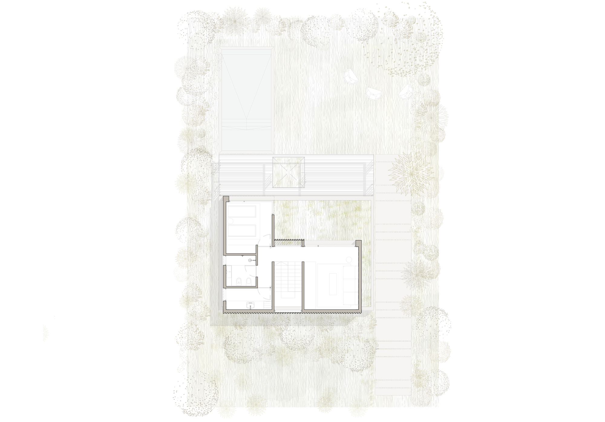 Floor plan drawing showing interior room divisions with textured floor areas and perimeter plantings