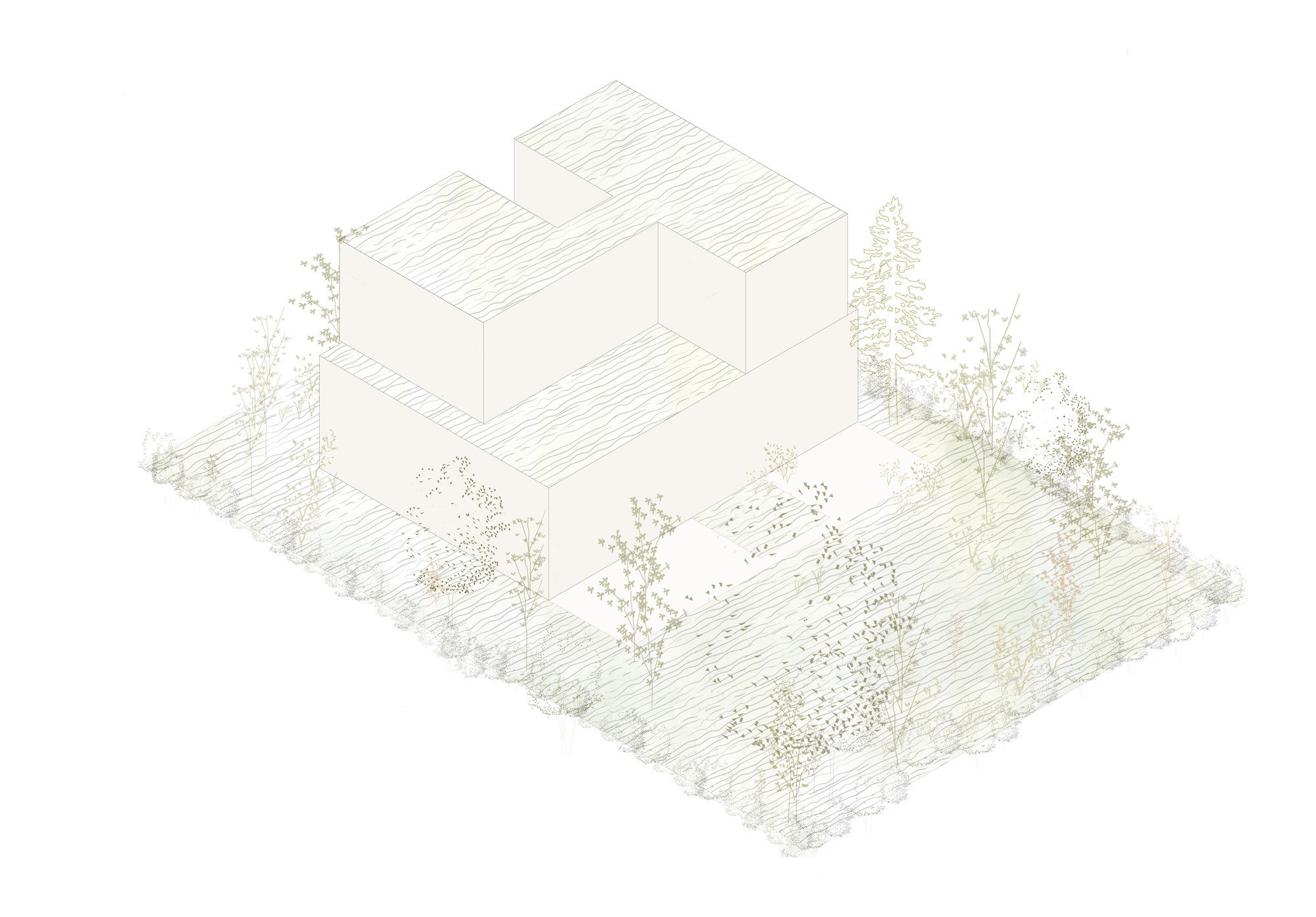 Isometric drawing depicting rooftop surfaces with linear hatching above the clustered volumes