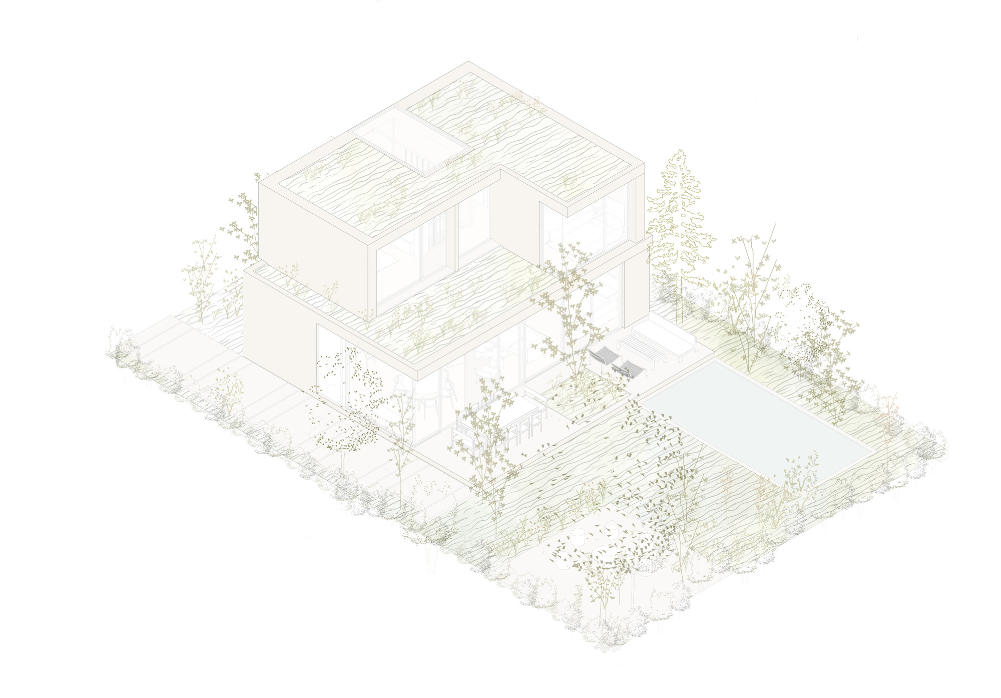 Isometric drawing revealing interior courtyard spaces carved into the stacked volumes
