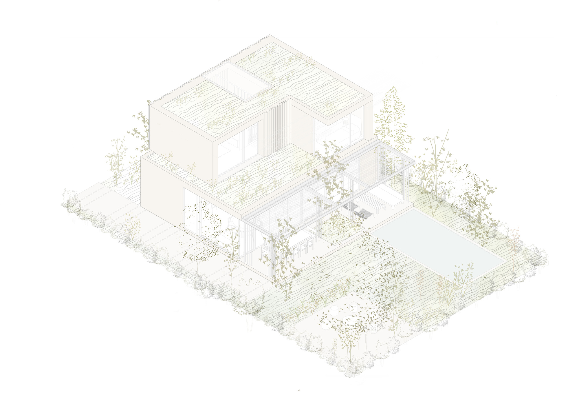 Isometric drawing with vertical screen elements added to the facades surrounding the courtyard