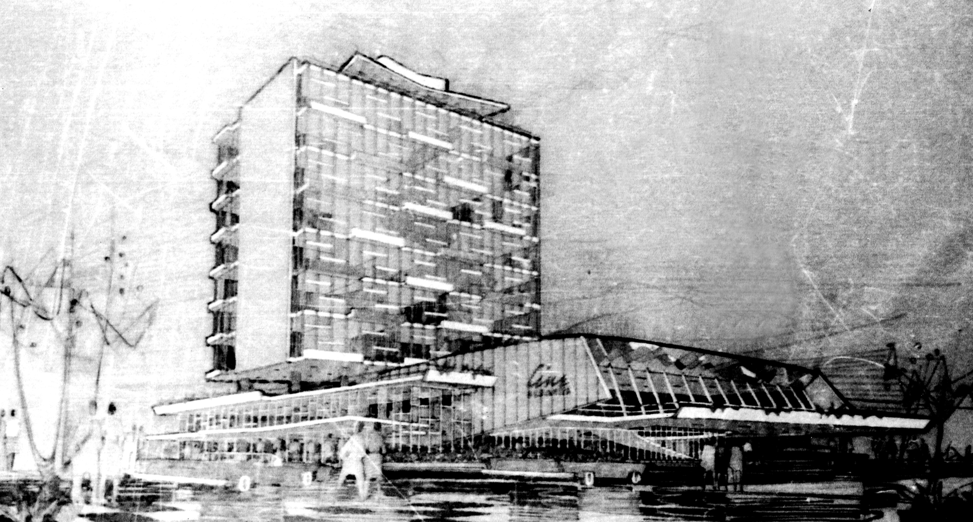 Perspective rendering of the tower block and low-rise cinema wing with figures walking through the plaza