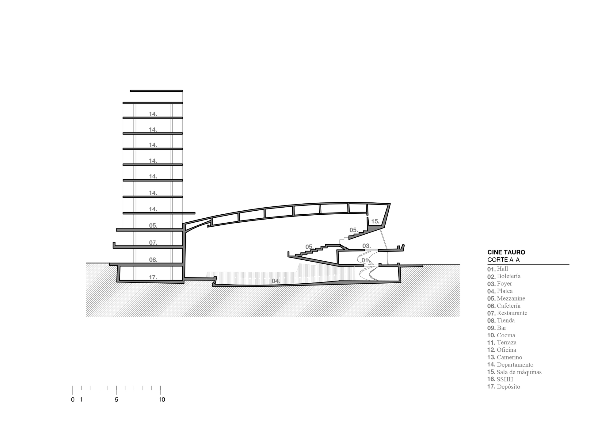 Section drawing revealing the auditorium seating, curved balcony, and multi-story tower rising from the cinema base