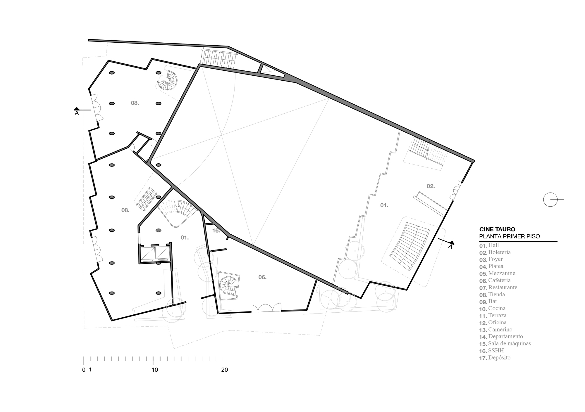 First floor plan drawing showing the large auditorium volume and surrounding lobby and service spaces