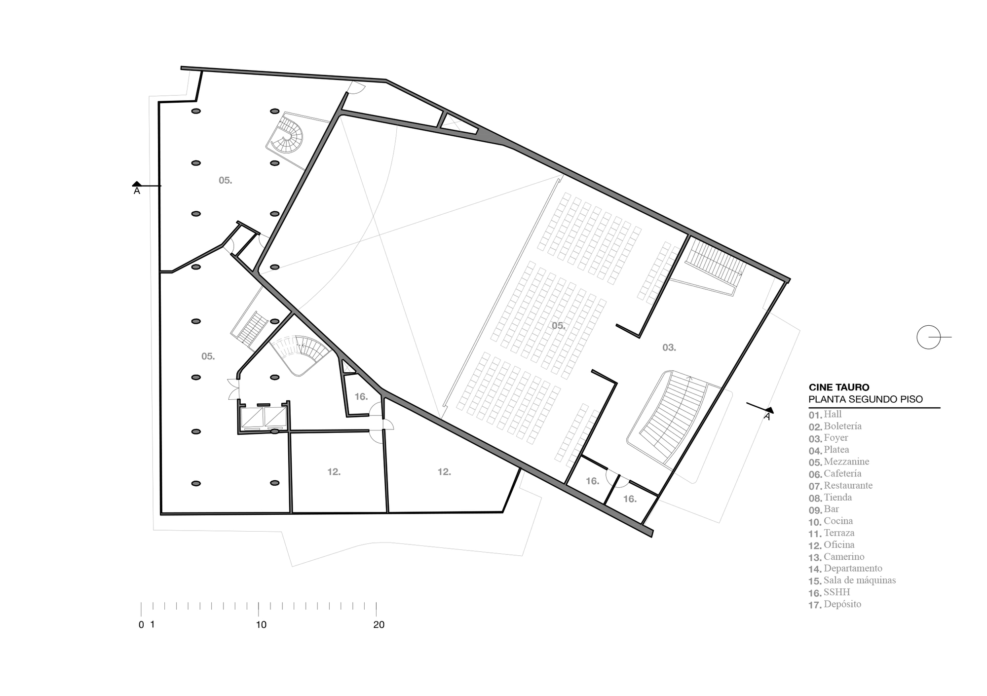 Floor plan drawing showing an angular auditorium with tiered seating and surrounding service spaces