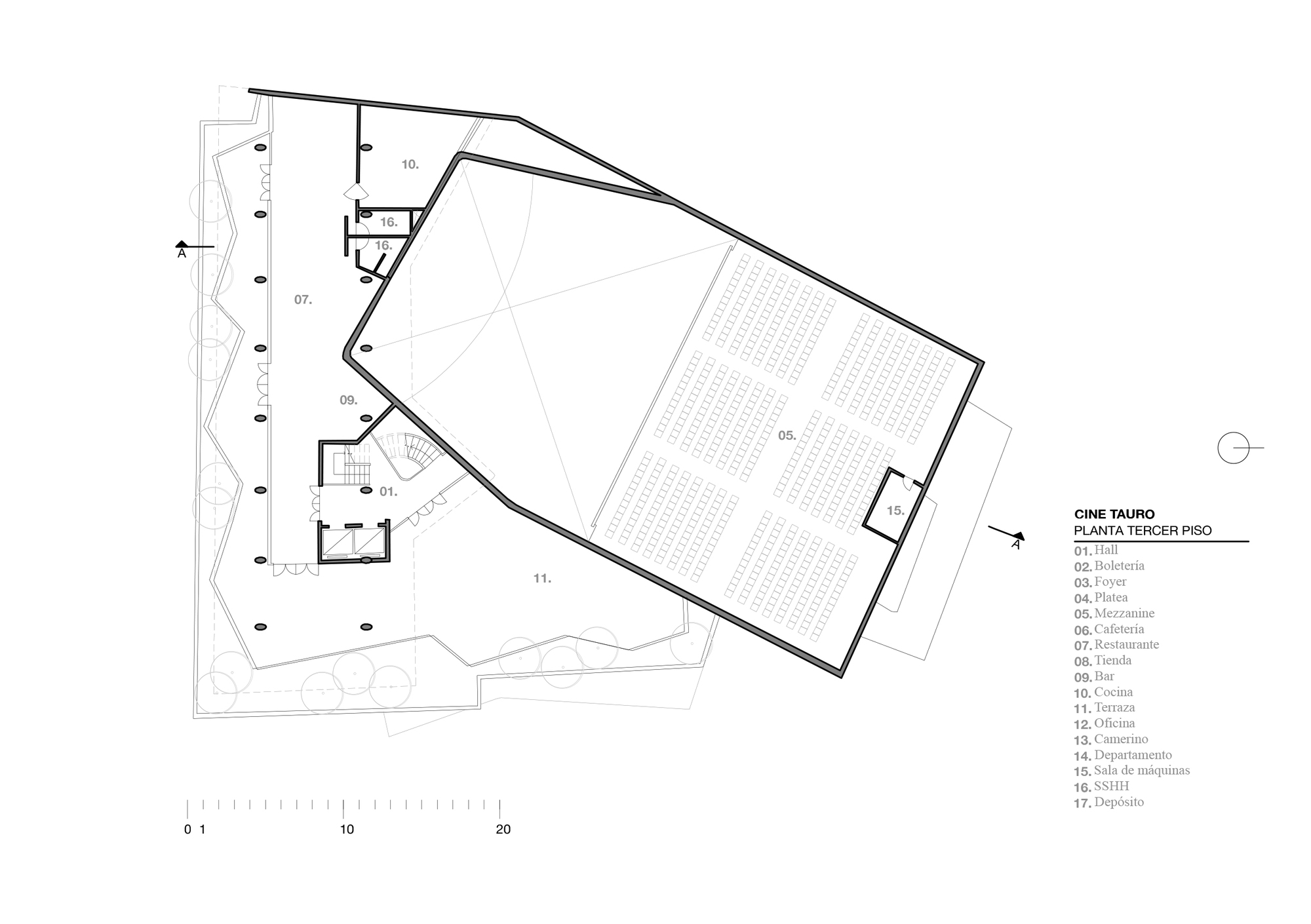 Floor plan drawing showing the top level with large auditorium seating and angled perimeter walls