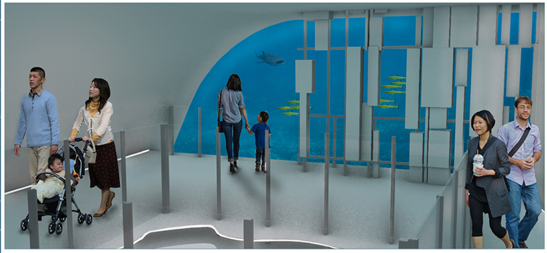 Interior rendering of an underwater viewing gallery with families looking through windows at marine life