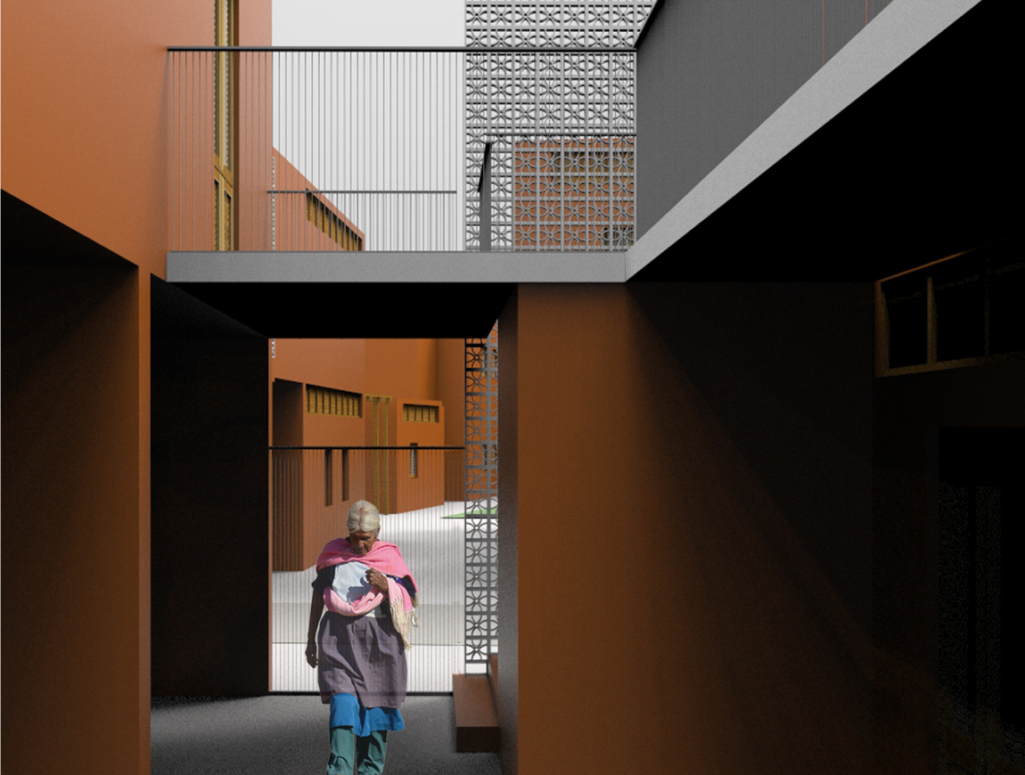 Shaded pedestrian passage designed for comfortable movement and everyday interaction among elderly residents.
