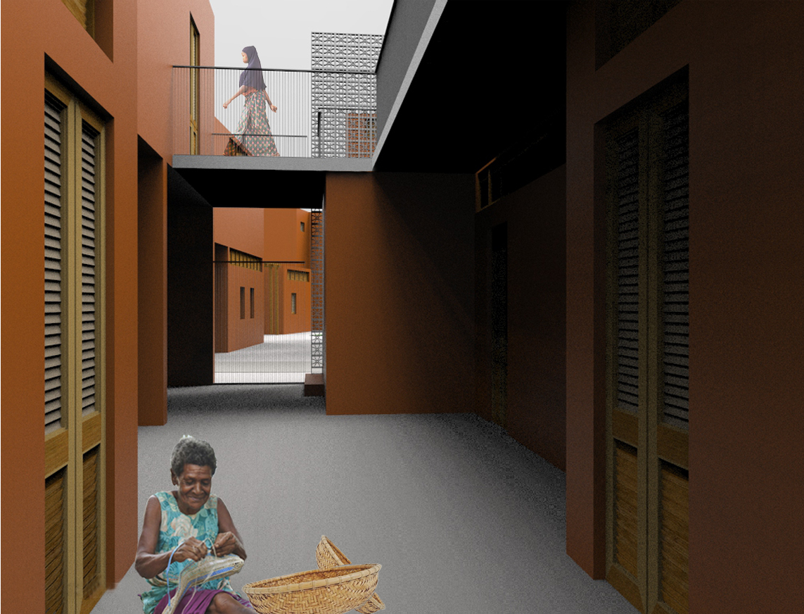 Layered walkways, balconies, and screened facades encourage visual connection while maintaining privacy.