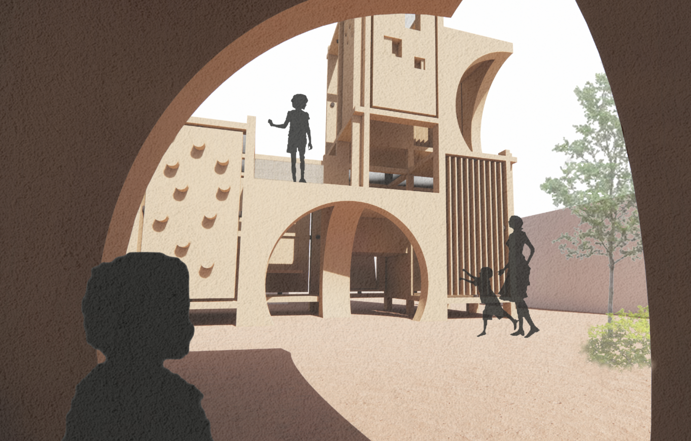 Modular play structures create layered spaces for climbing, exploration, and social interaction.