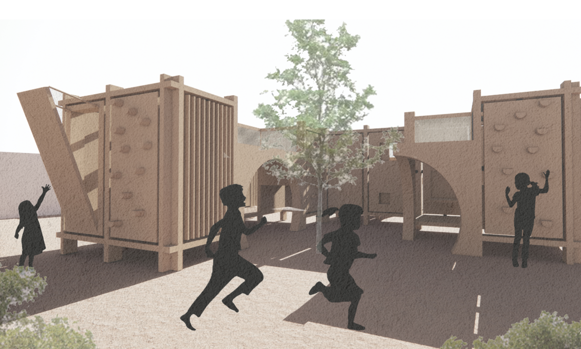 Open courtyards connect adaptable play modules into a shared community environment.