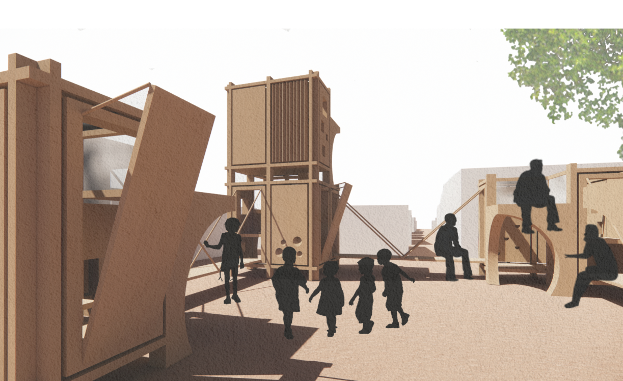 Expandable modular units form a dynamic playground shaped by collective activity and play.