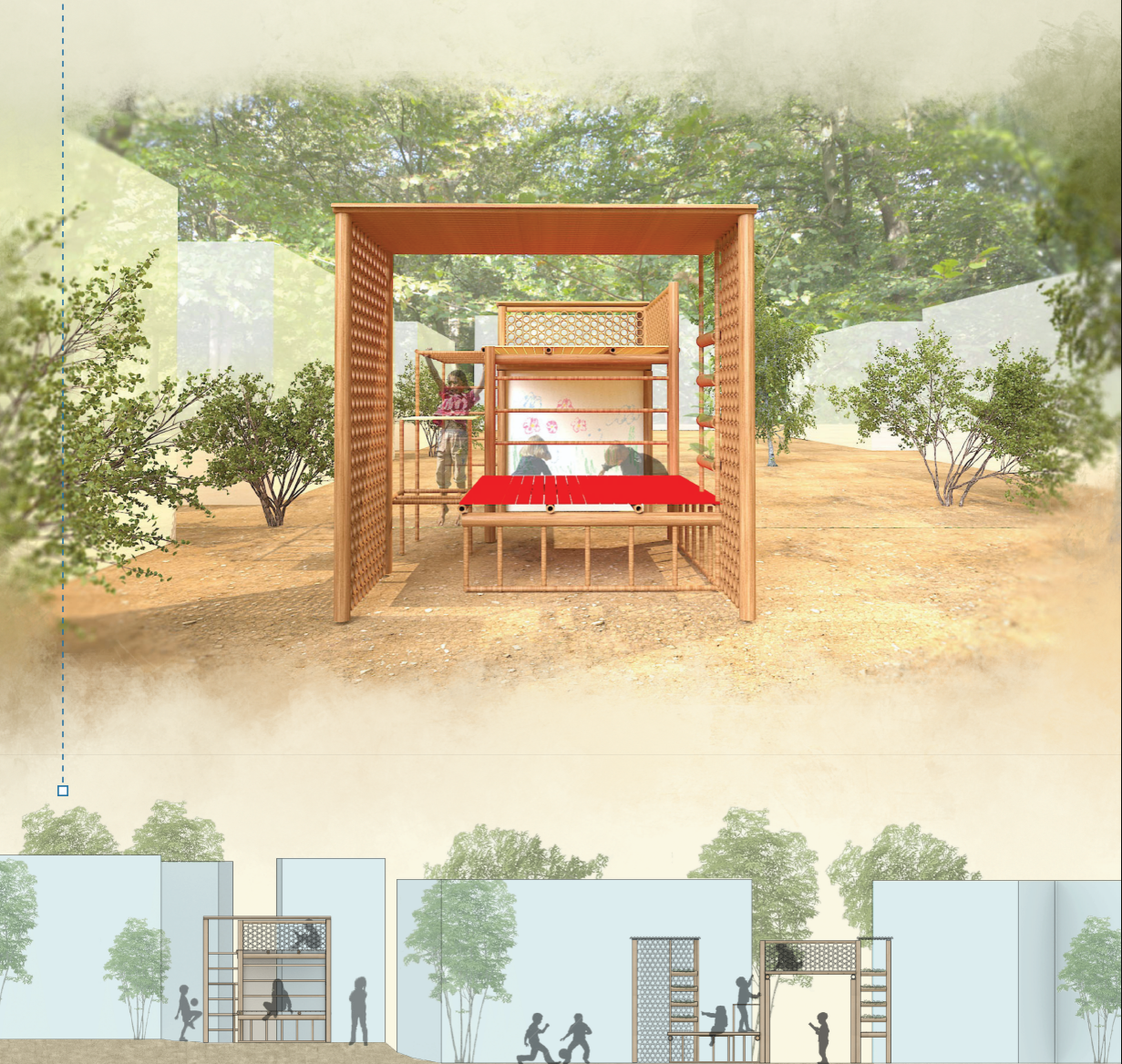 A framed play module creates a sheltered space for drawing, gathering, and exploration