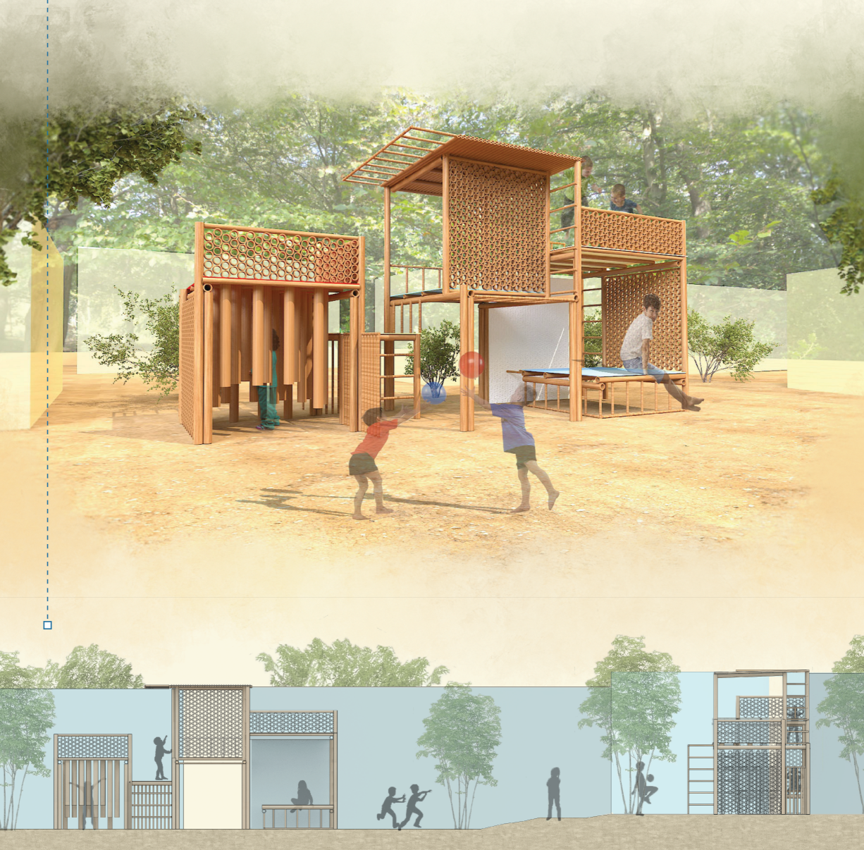 Interconnected bamboo-like structures combine climbing, seating, screens, and open-ended play