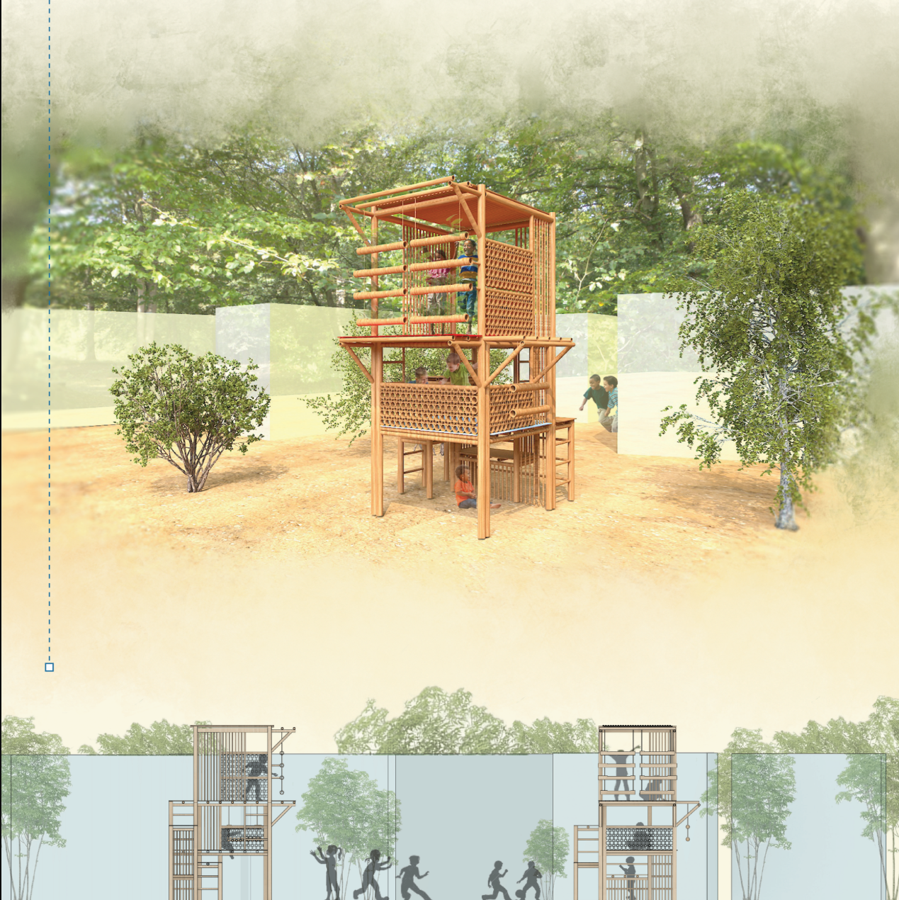 A compact vertical play tower layers climbing, lookout, and sheltered spaces within a small footprint