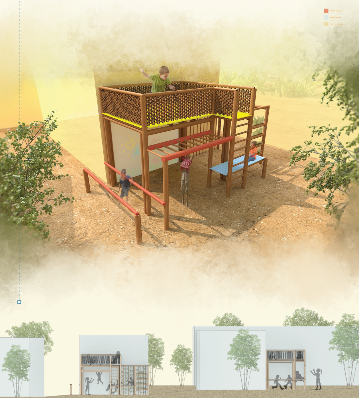 An adjacent play module combines climbing bars, drawing surfaces, seating, and a protected upper platform