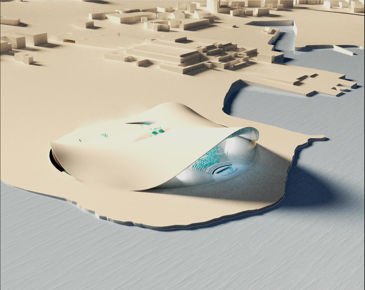 Physical model showing the undulating roof form with circular openings and surrounding site context in warm daylight