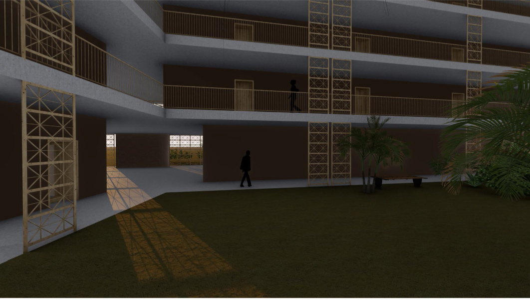 Interior courtyard with concrete floor and lattice screen panels along the multi-story circulation gallery with a figure walking