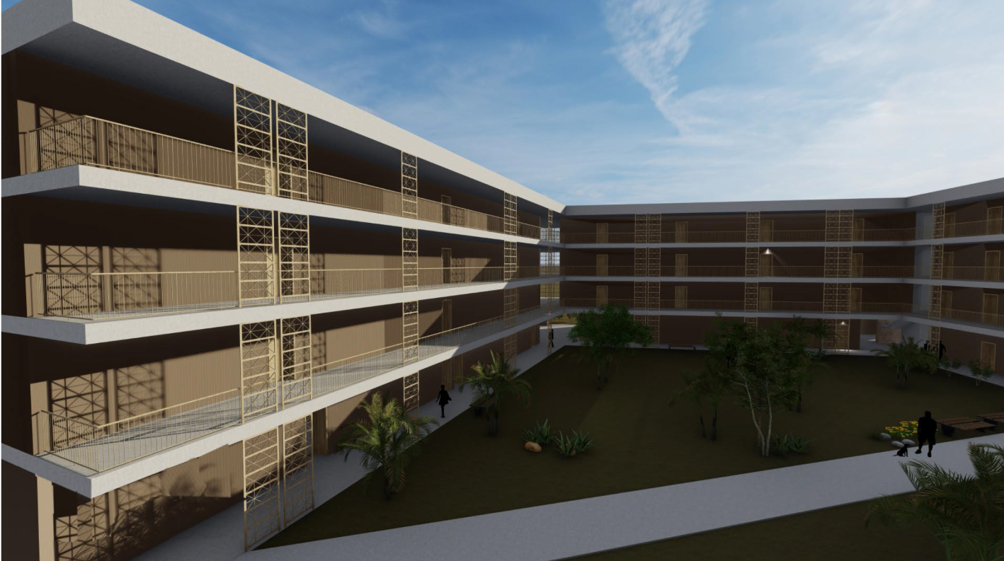 Courtyard view showing two facing residential blocks with horizontal balconies and diagonal lattice screens under blue sky