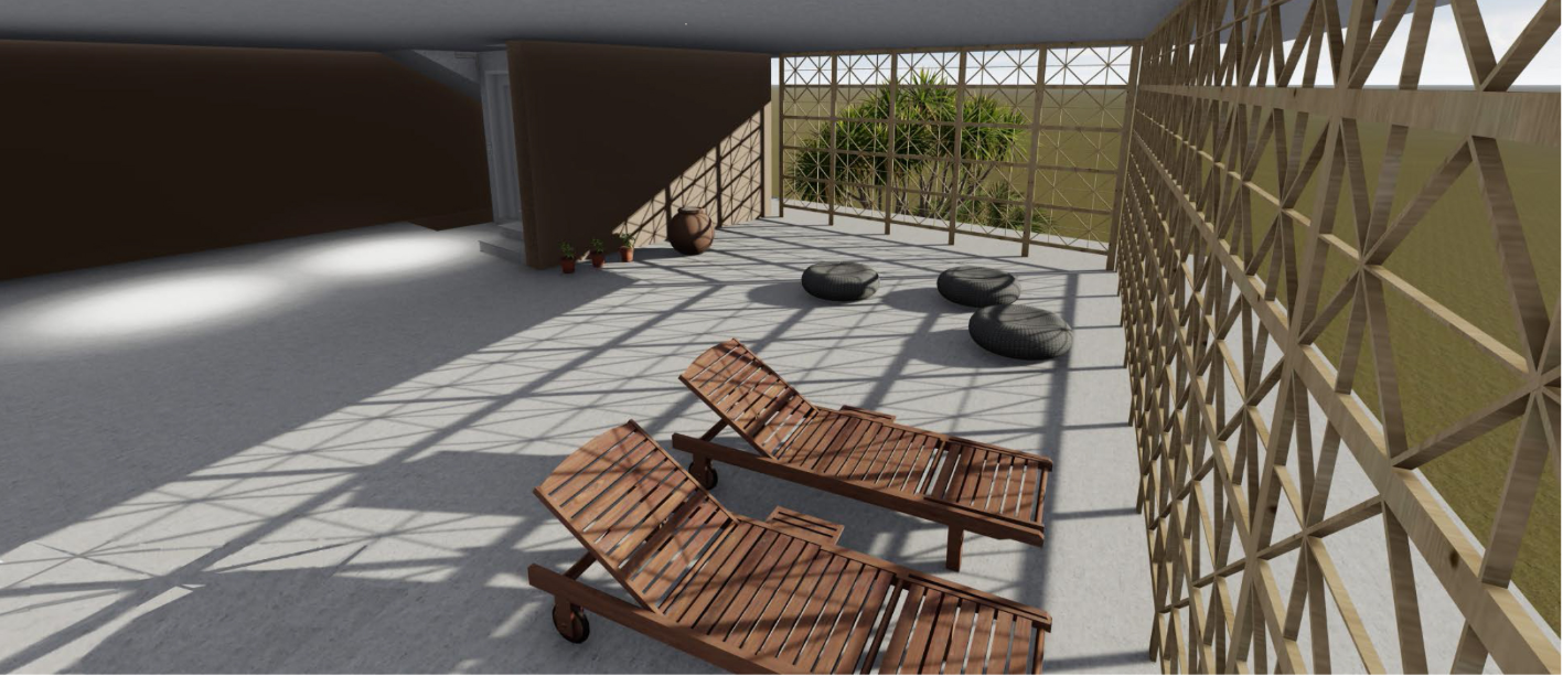 Terrace with timber slatted loungers casting shadows on the concrete floor through diagonal lattice screens