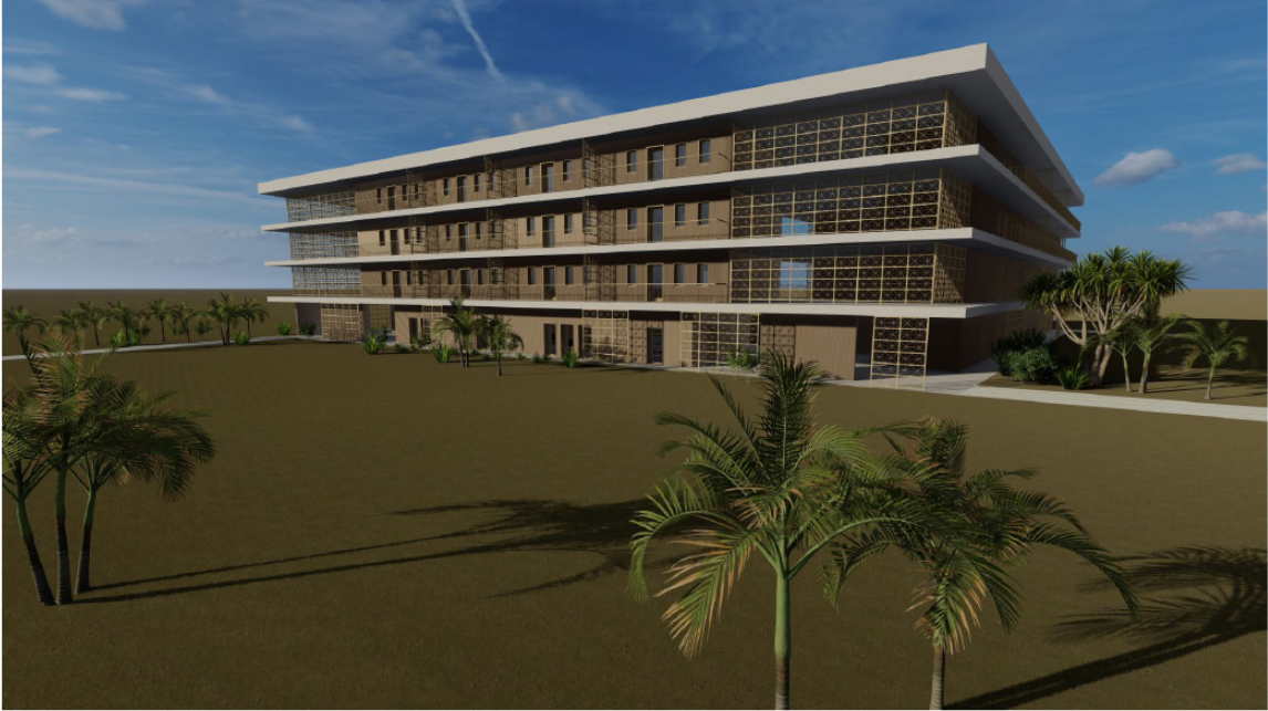Four-story residential block with vertical lattice screens and horizontal balconies across a lawn with scattered palms