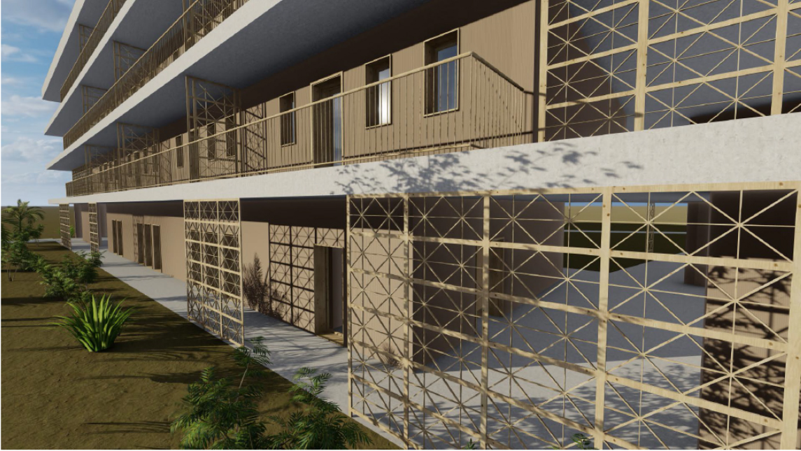 Ground floor facade with diagonal lattice screens and timber-clad upper volume casting dappled shadows on the pathway
