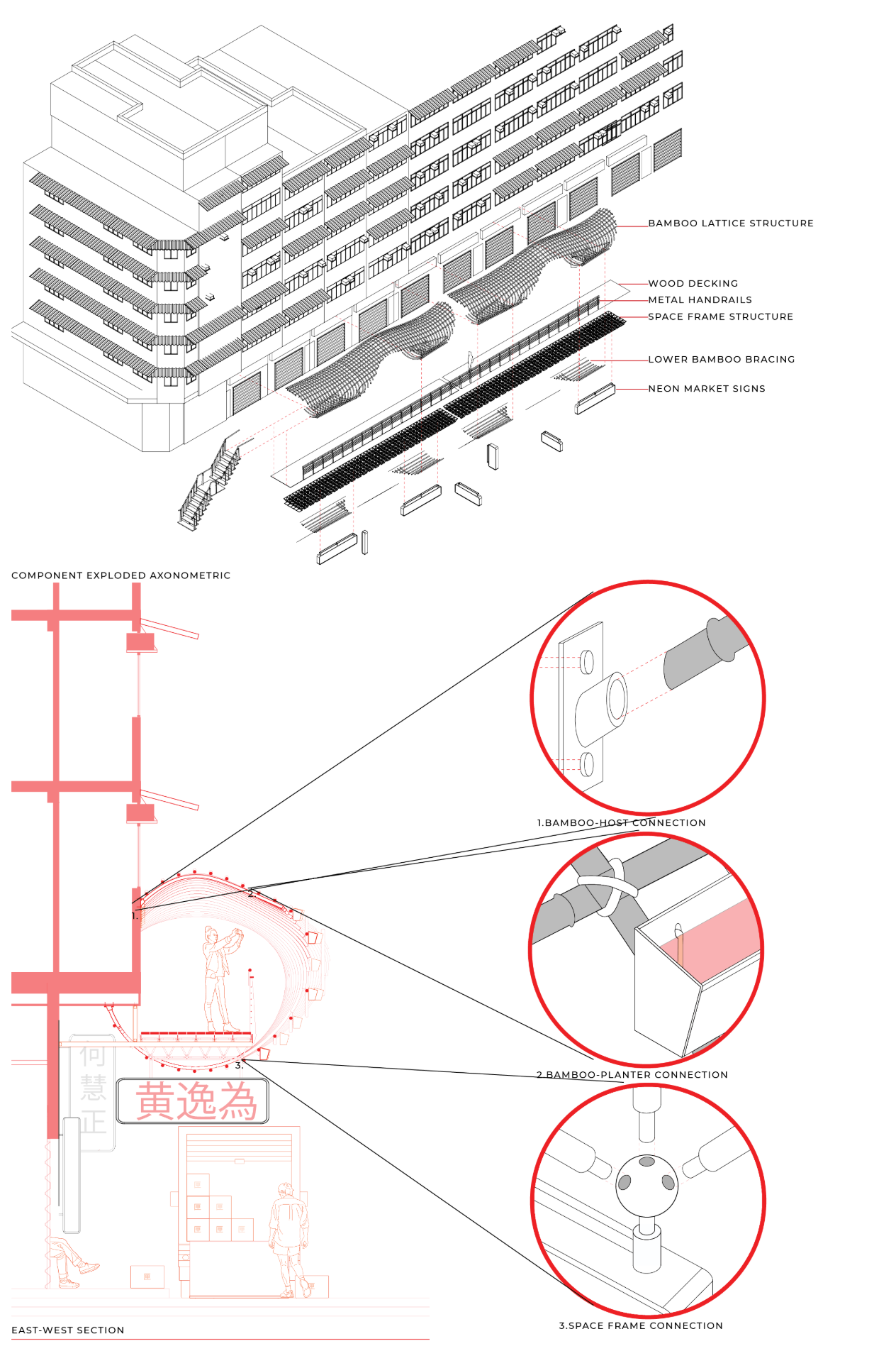 Exploded axonometric showing the bamboo lattice, elevated walkway, structural frame, signage, and connection details.