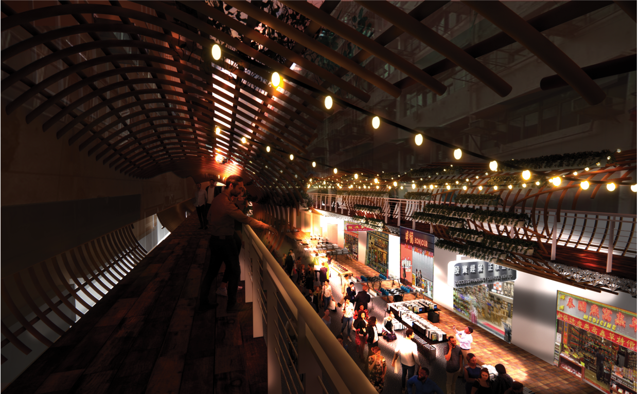 Nighttime view of the elevated bamboo walkway overlooking the lively Ning Po Street market.