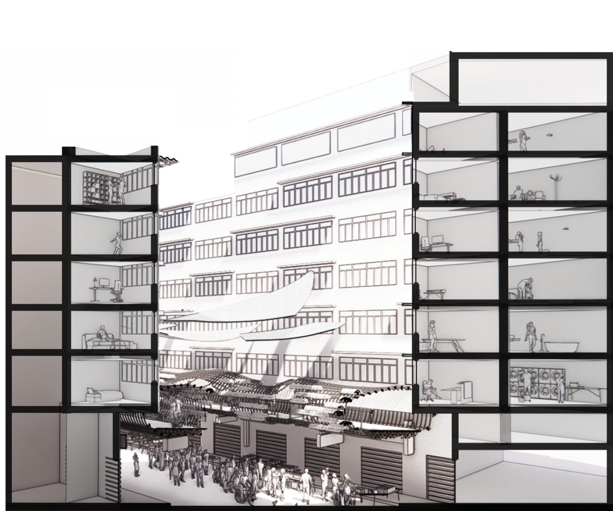 Sectional perspective illustrating the relationship between the market, pedestrian bridge, shops, and surrounding residences.