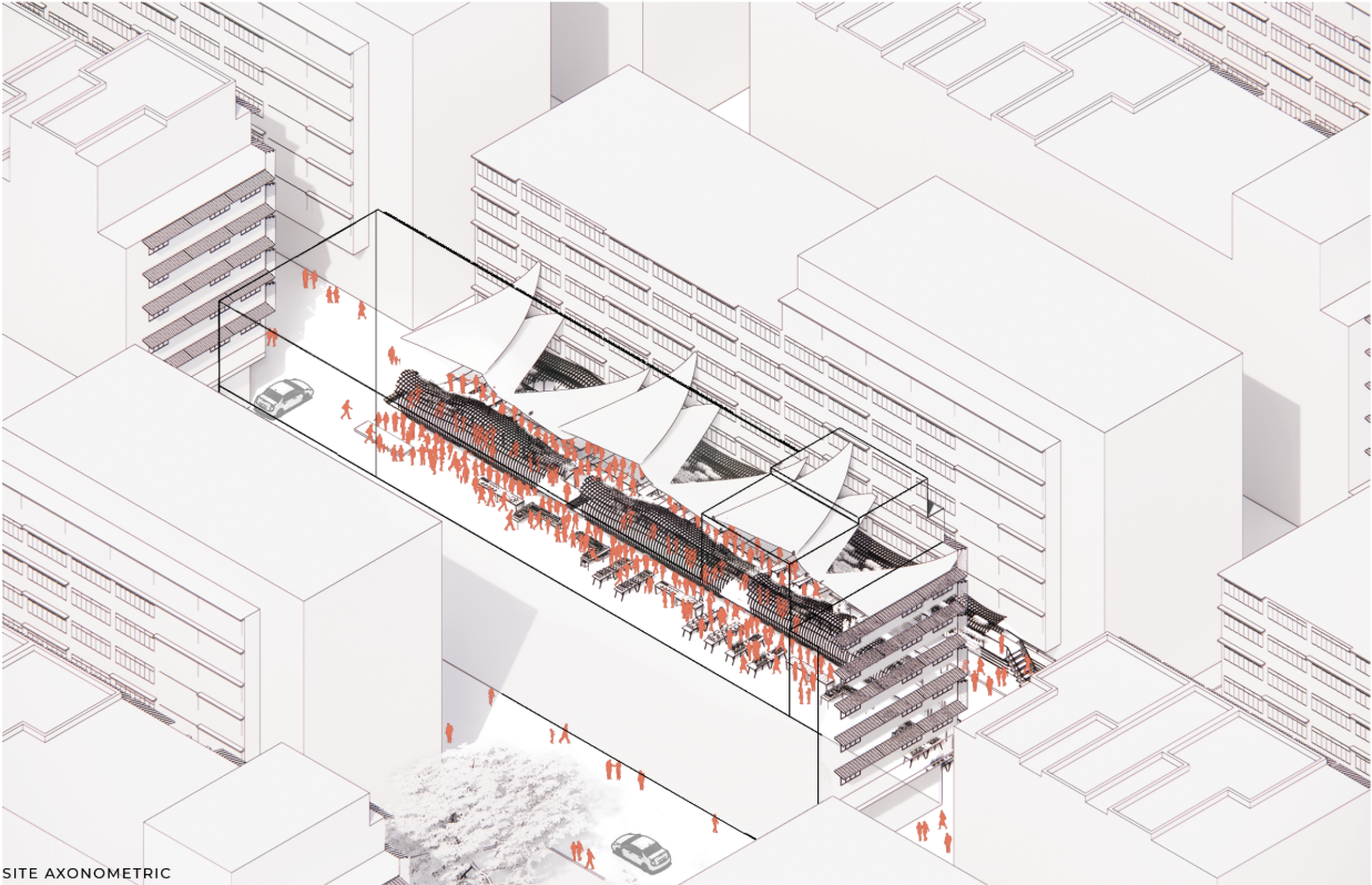 Site axonometric showing how the parasitic intervention integrates circulation and public space within Yau Ma Tei’s dense urban fabric.