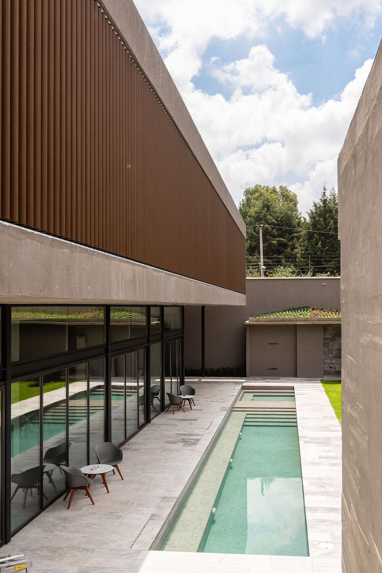 Long narrow pool beside a glazed ground floor and slatted upper volume, with a green roof and clouds beyond