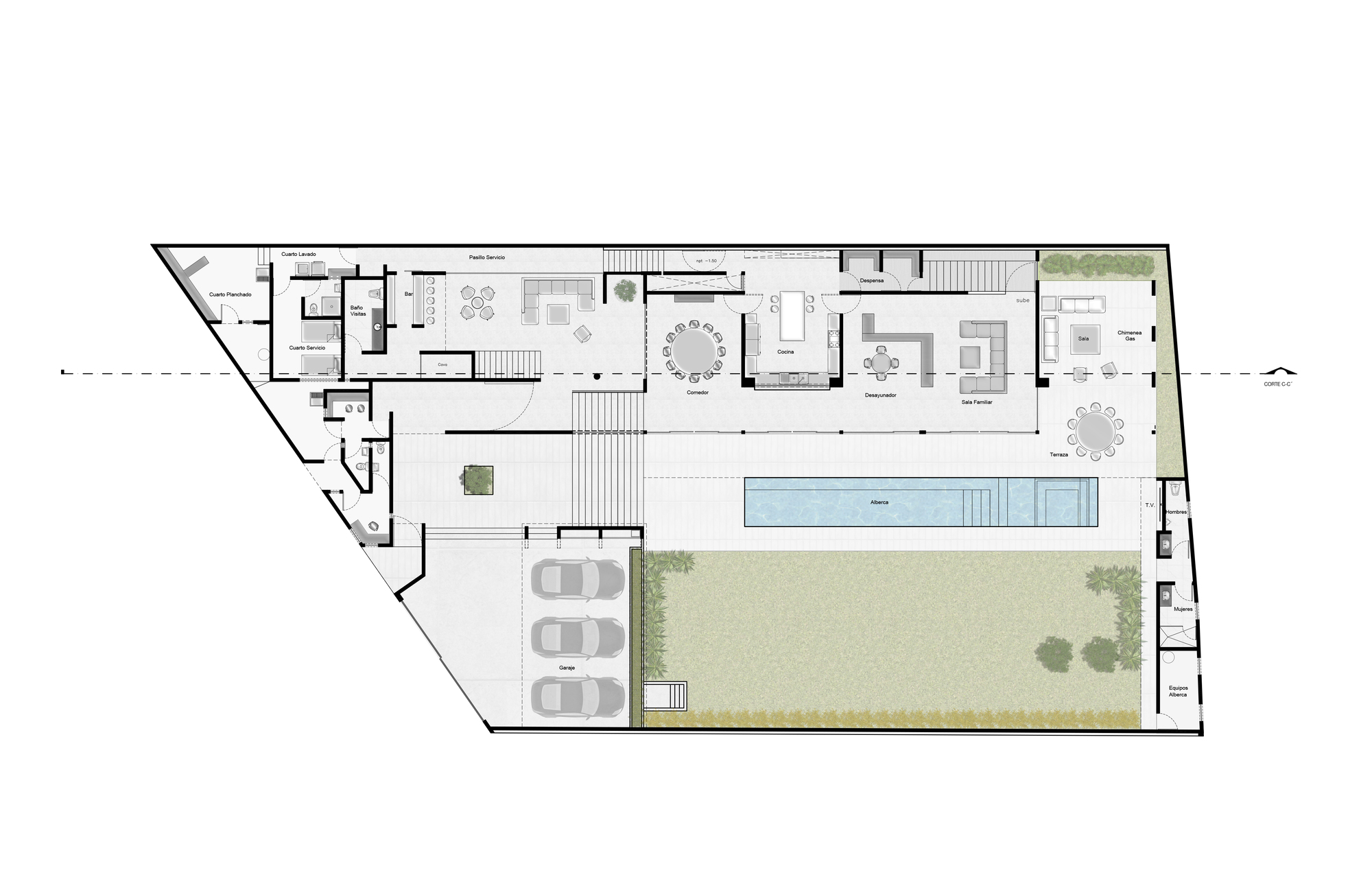 Ground floor plan drawing showing living spaces, a long pool, a lawn and a three-car garage on a wedge-shaped site