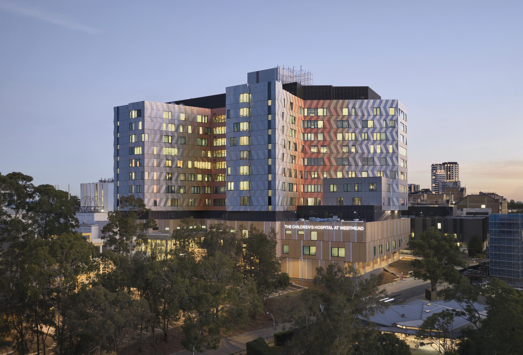 Multi-story hospital building with triangular pattern facade framed by eucalyptus trees at dusk