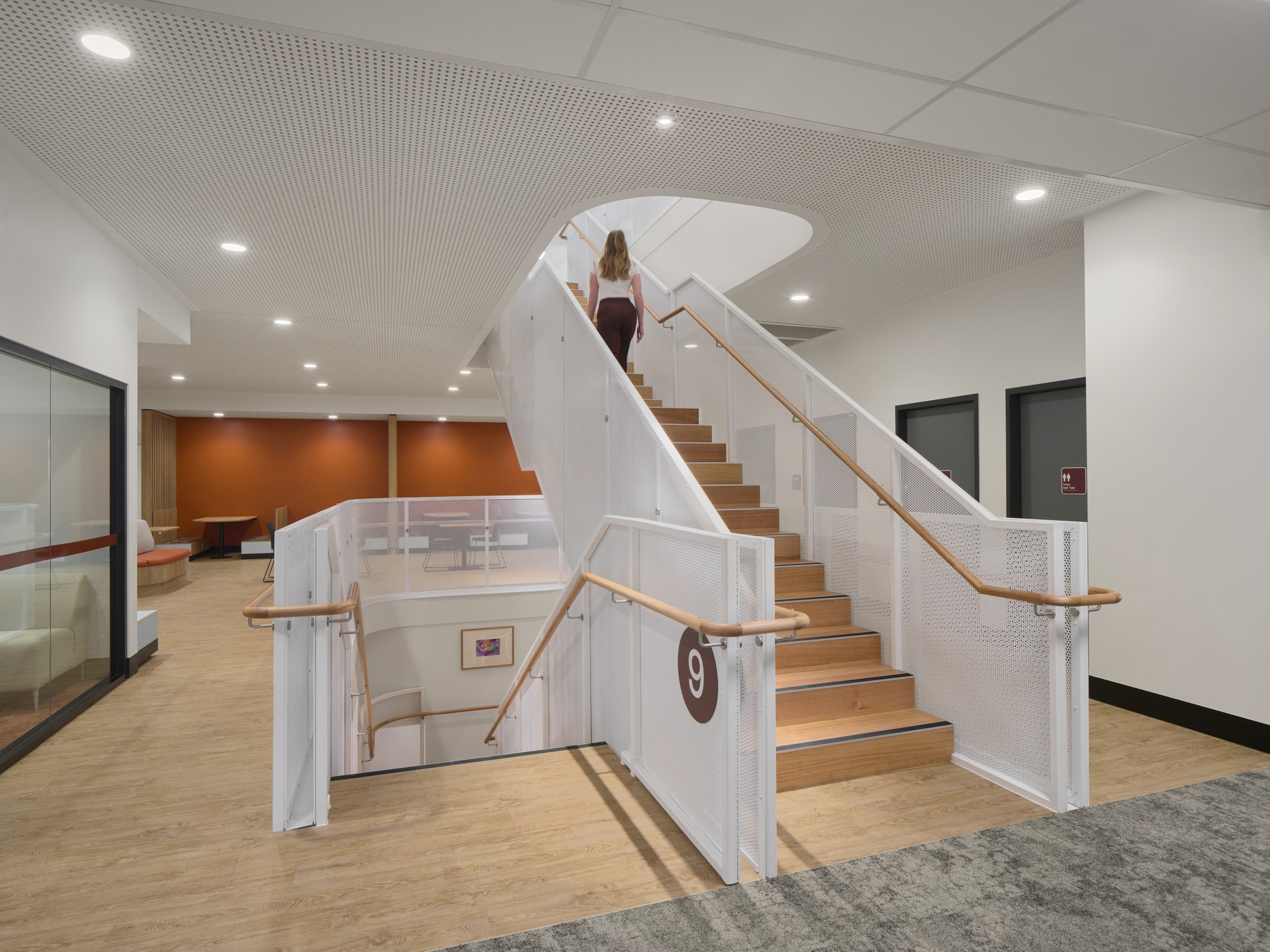 Curved staircase with timber treads, white perforated balustrades and timber handrails leading to upper level