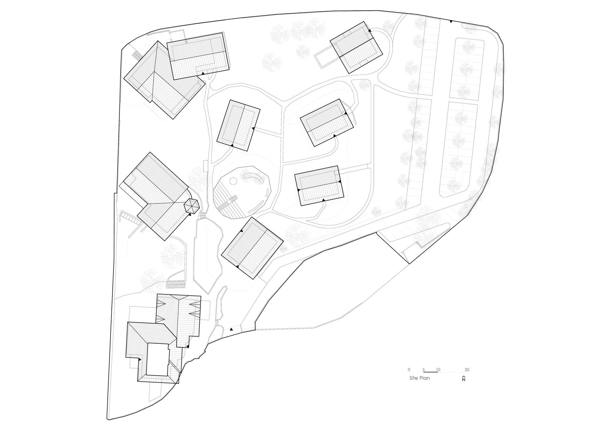 Site plan drawing showing multiple gabled structures arranged around a curved central courtyard