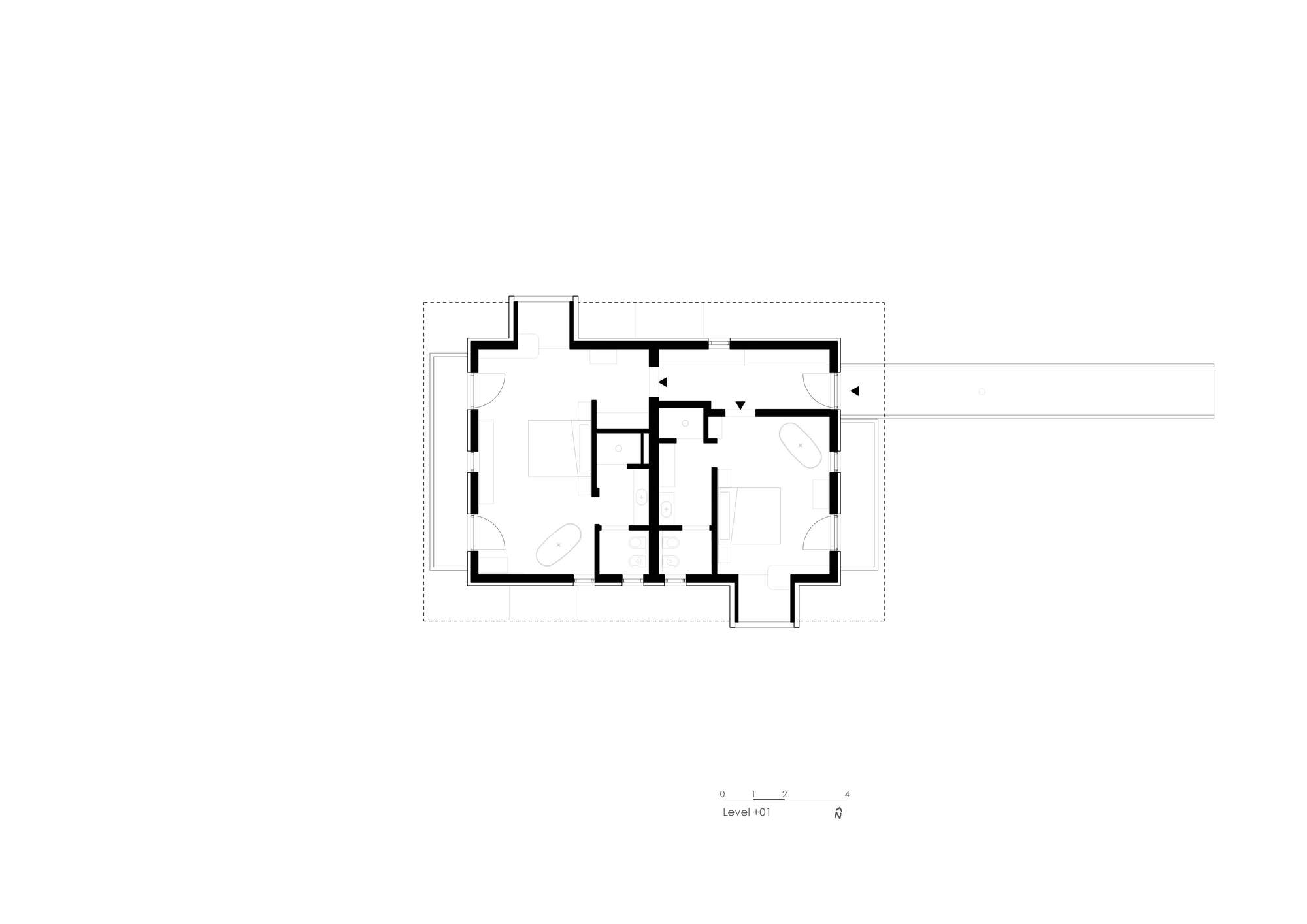 Floor plan drawing of a rectangular volume with central corridor and perimeter rooms