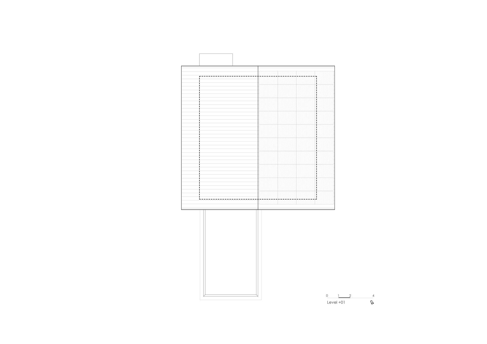 Roof plan drawing showing a rectangular volume with horizontal slatted surface and entrance projection