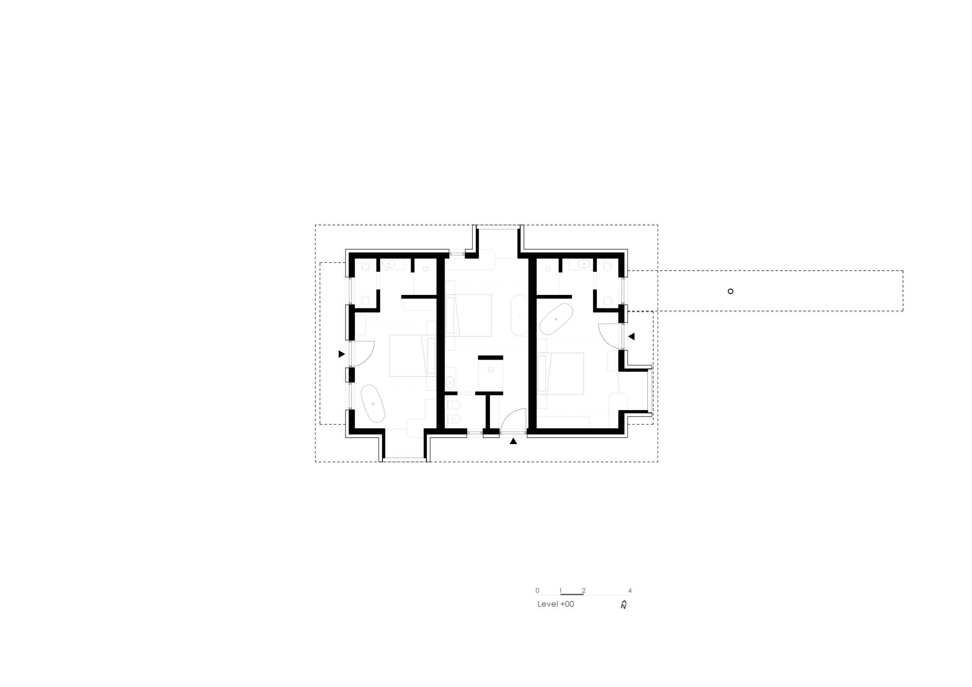 Floor plan drawing of a symmetrical layout with flanking rooms and central circulation core