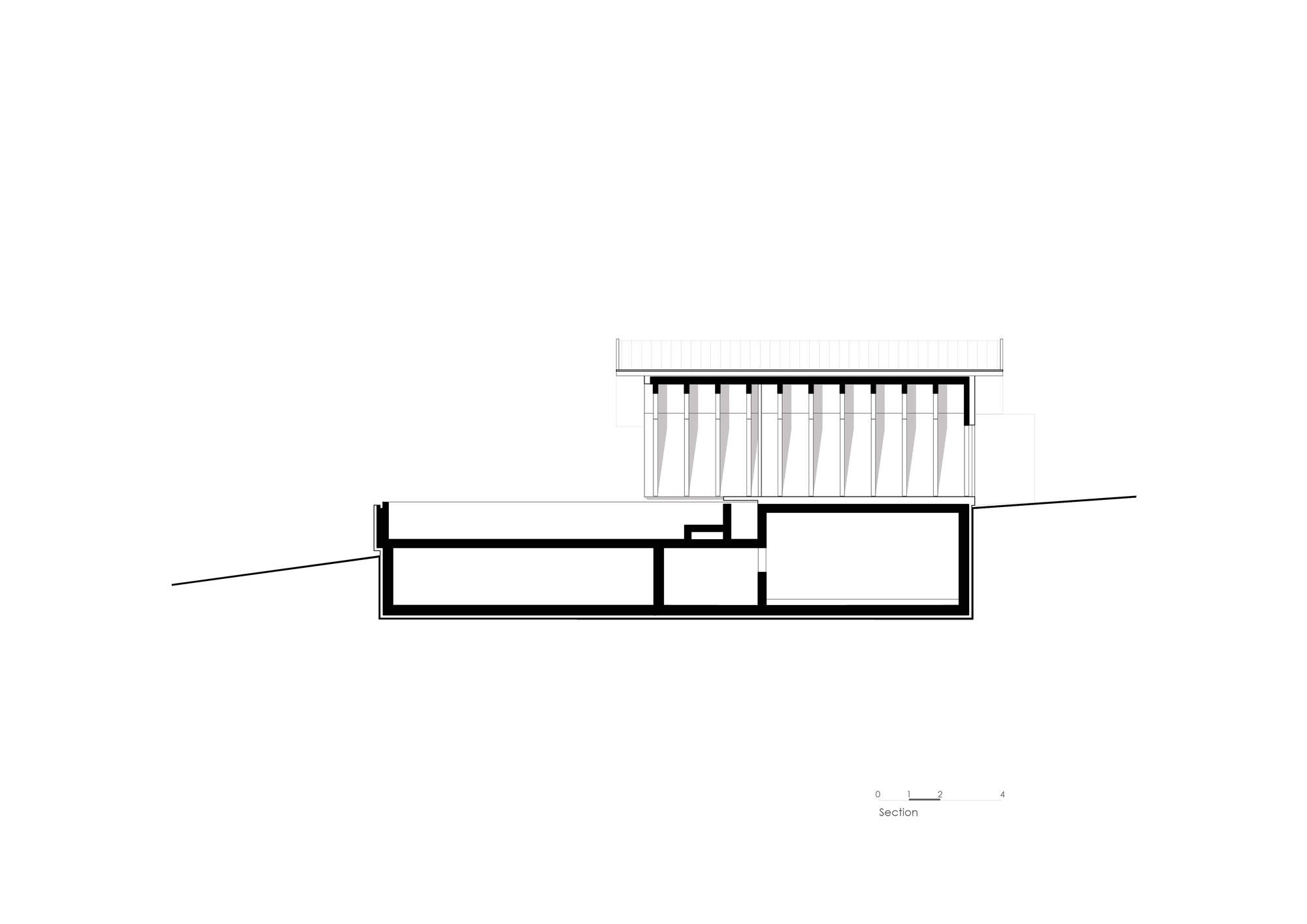 Section drawing showing a partially submerged structure with angled timber columns supporting a flat roof