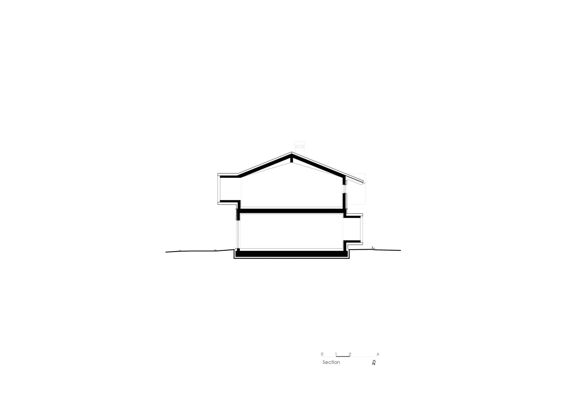Section drawing revealing a gabled roof structure with two levels stepping down the sloped terrain