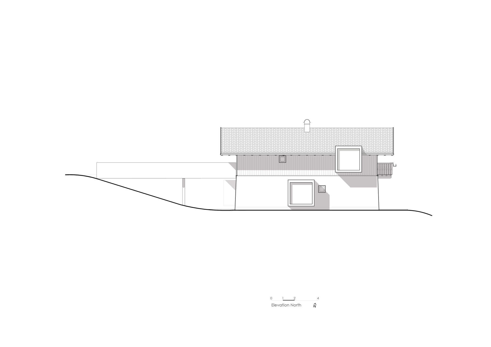 North elevation drawing showing a residence with a gabled roof sitting on sloping ground