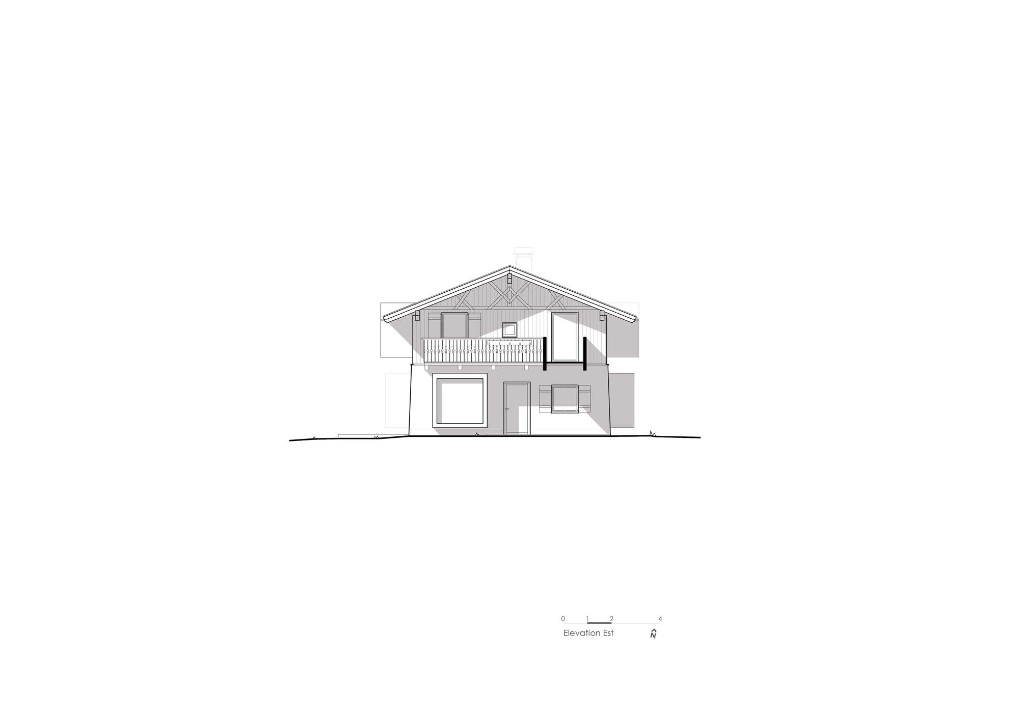 East elevation drawing depicting a two-story gabled house with balcony and multiple window openings