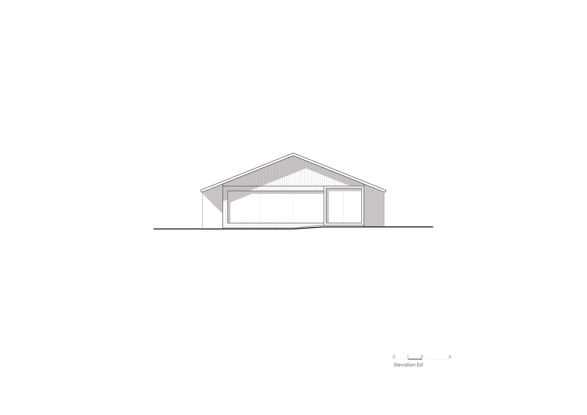 East elevation drawing showing a single-story gabled structure with large glazed opening and side window